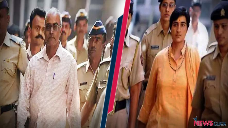 मालेगांव ब्लास्ट के आरोपी रिटायर्ड मेजर रमेश उपाध्याय (बाएं) और प्रज्ञा ठाकुर (दाएं)।