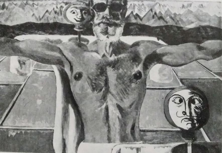 बिजूका और मैं, तैल 1977,चित्रकार- भवेश चंद्र सान्याल, साभार: समकालीन कला, प्र॰ राष्ट्रीय ललित कला अकादमी