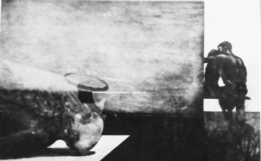 शिफ्टिंग हालो, चित्रकार-अनुपम सूद, रंगीन अम्लांकन, 1980 , 52 × 67 सेमी., साभार: समकालीन कला, ललित कला अकादमी की पत्रिका, नवम्बर 1985 अंक