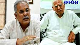 छत्तीसगढ़ के मुख्यमंत्री भूपेश बघेल (बाएं) और उनके पिता नंद कुमार बघेल (दाएं)